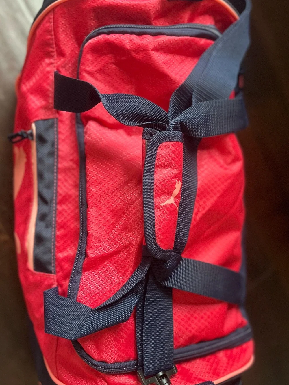 Brand New! Puma Coral Pink and Navy Sport Duffle with Coral Accents